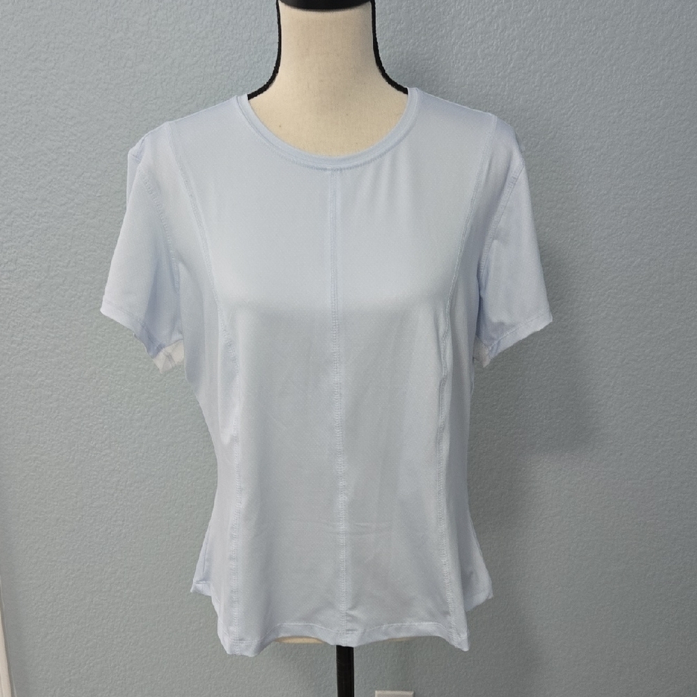 LUCKY IN LOVE Performance Golf Shirt Short Sleeves Light Blue Mesh Inset Sz XL